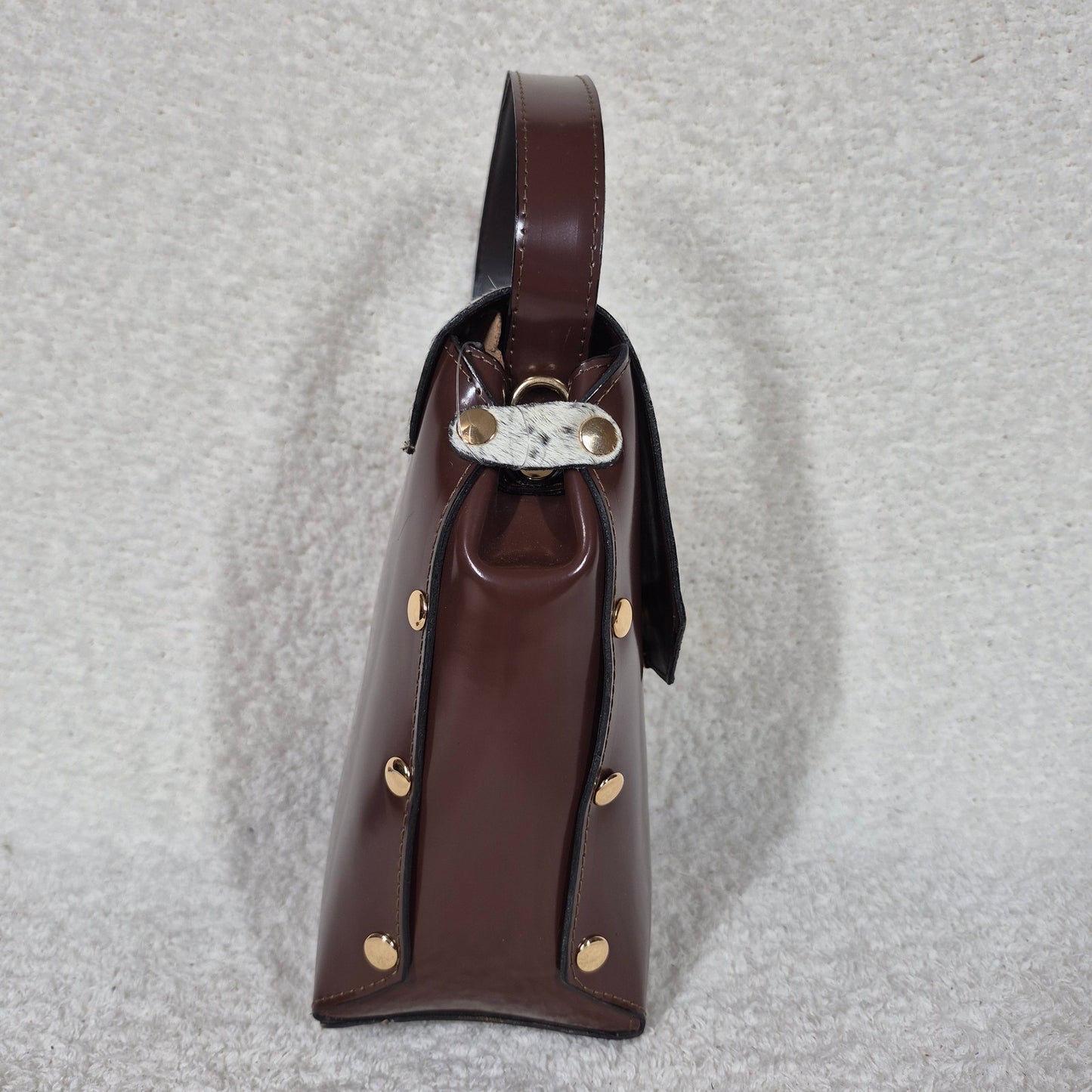 Handcrafted Mexican Brown Leather Handbag with Cowhide Hair-On Flap & Gold-Tone Hardware