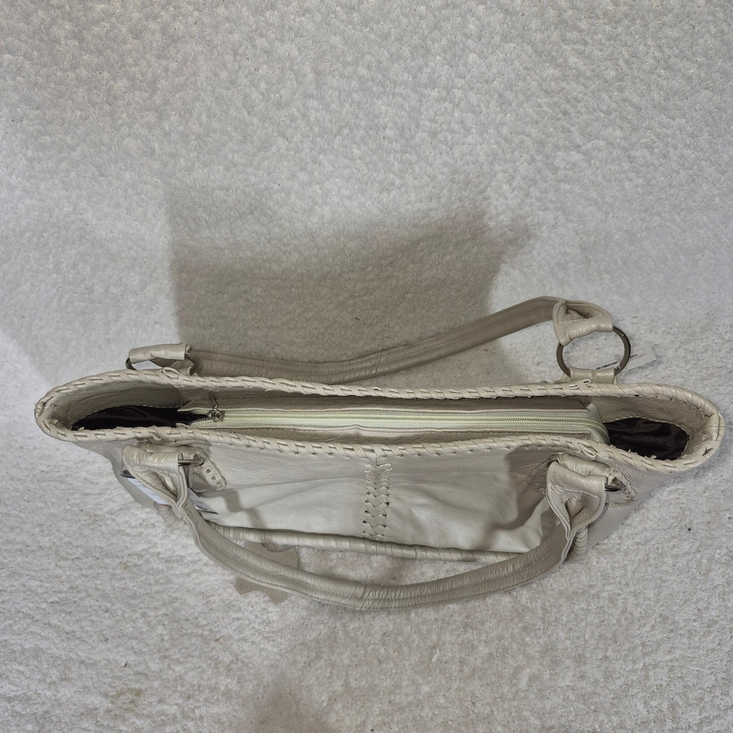 Handcrafted Mexican Pearl White Calfskin Leather Satchel Handbag with Whipstitch Detail