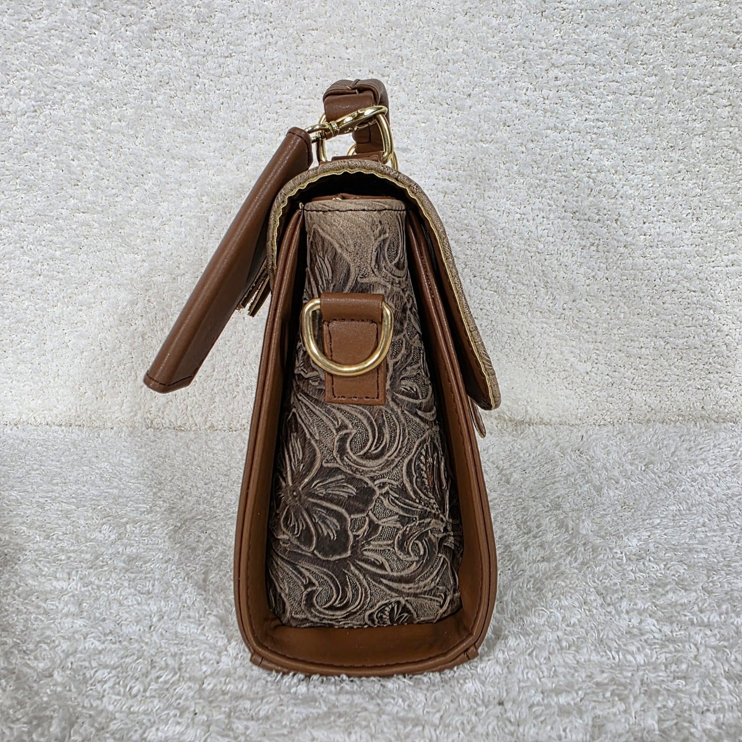 Handcrafted Mexican Floral Embossed Vintage Brown Genuine Leather Top-Handle Bag