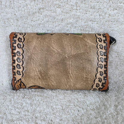 Mexican Hand-Tooled Leather Butterflies and Roses Brown Wristlet Clutch Bag