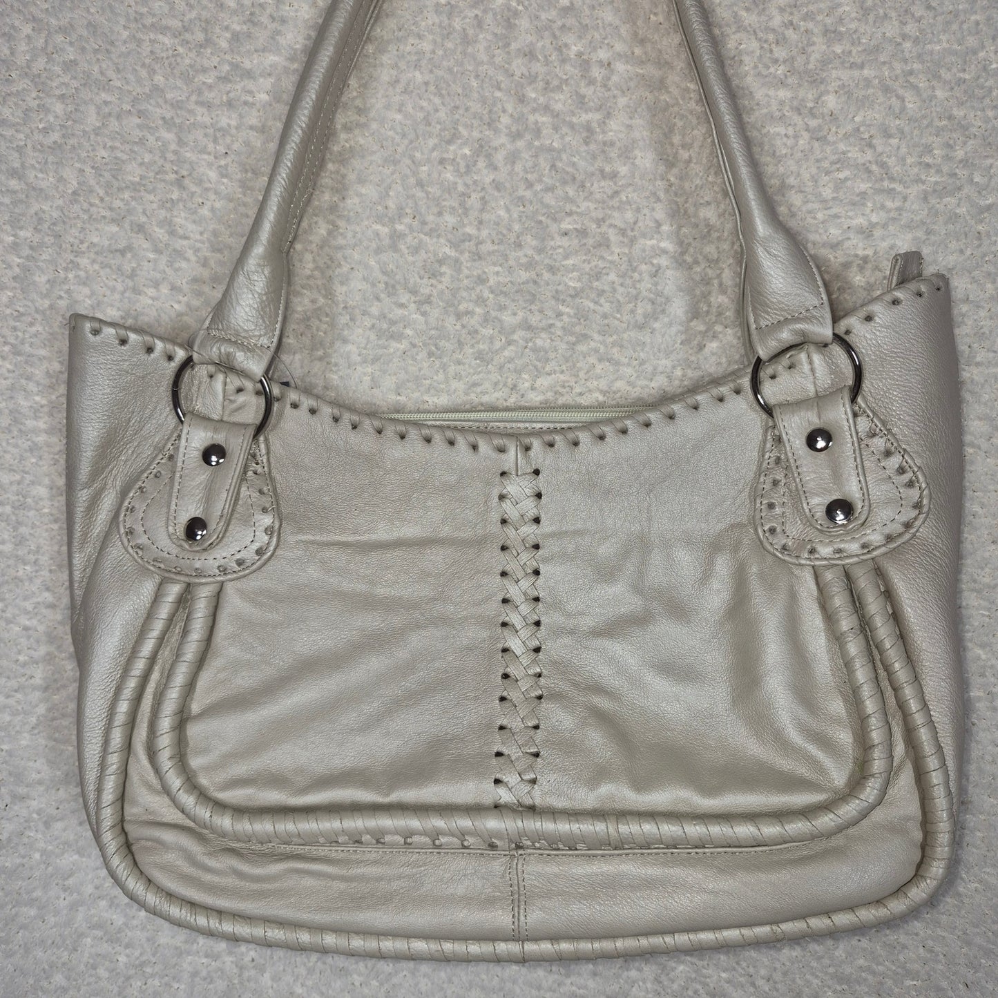 Handcrafted Mexican Pearl White Calfskin Leather Satchel Handbag with Whipstitch Detail