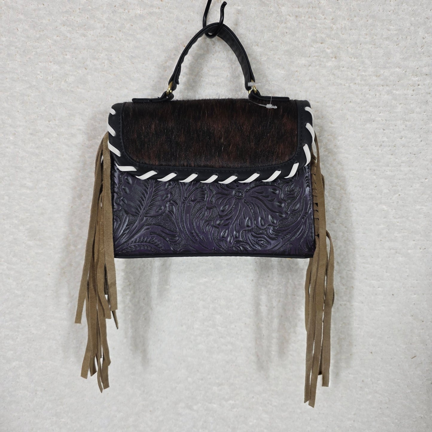 Handcrafted Purple Embossed Vegan Leather & Cowhide Hair-On Fringe Top Handle Bag