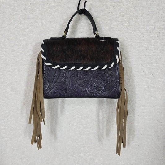 Purple Embossed Vegan Leather & Cowhide Hair-On Fringe Top Handle Bag — Handmade in Mexico