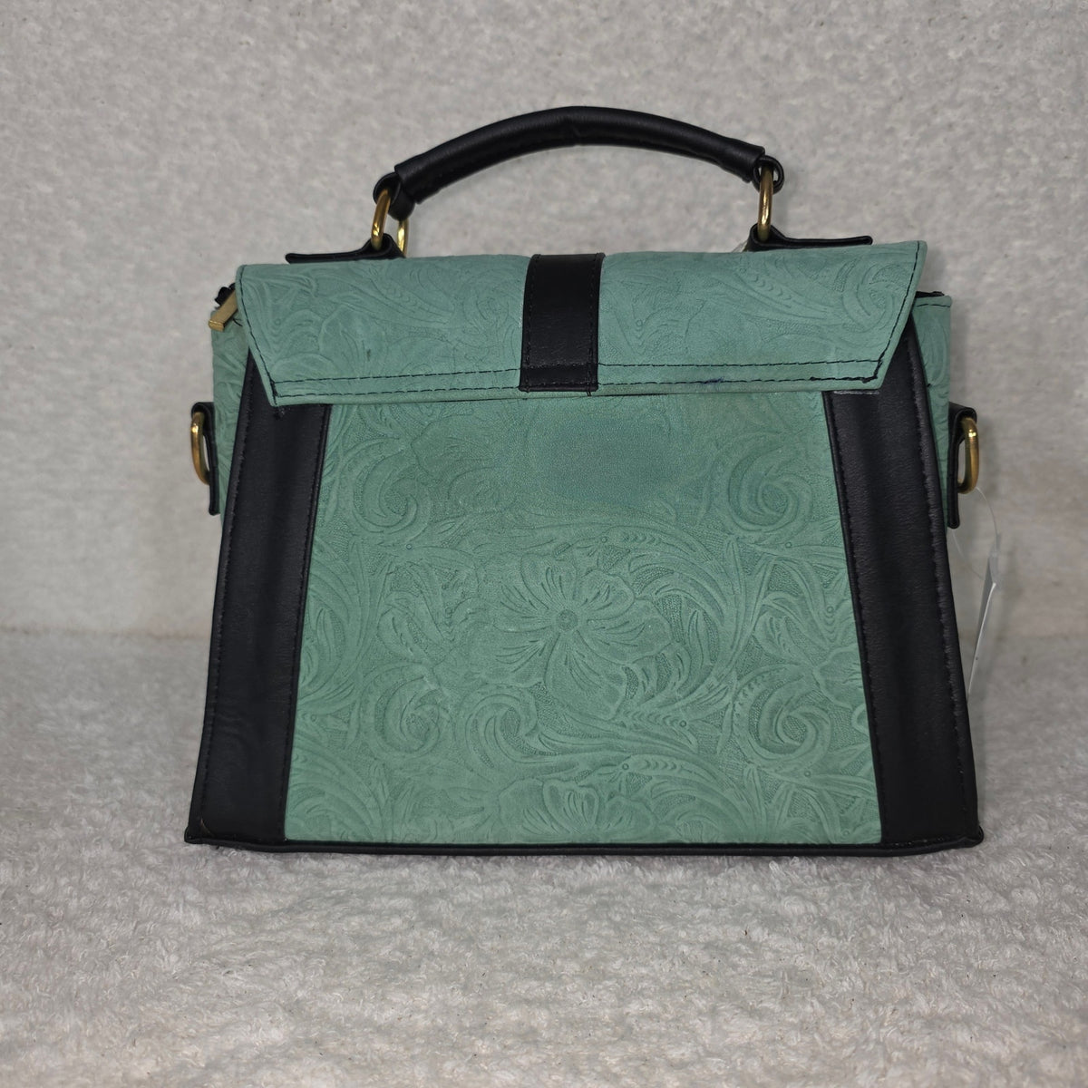 Handcrafted Mexican Floral Embossed Mint Green Genuine Leather Top-Handle Bag