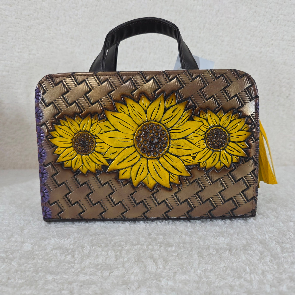 Brown Sunflower Embossed & Hand Painted Mexican Vegan Leather Crossbody Bag with Basket Weave