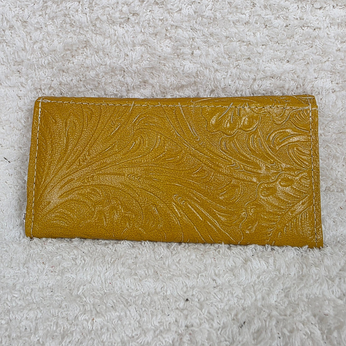 Mustard Yellow Floral Embossed Leather Tri-fold Wallet