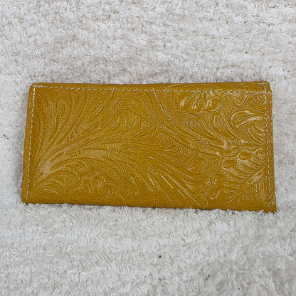 Mustard Yellow Floral Embossed Leather Tri-fold Wallet