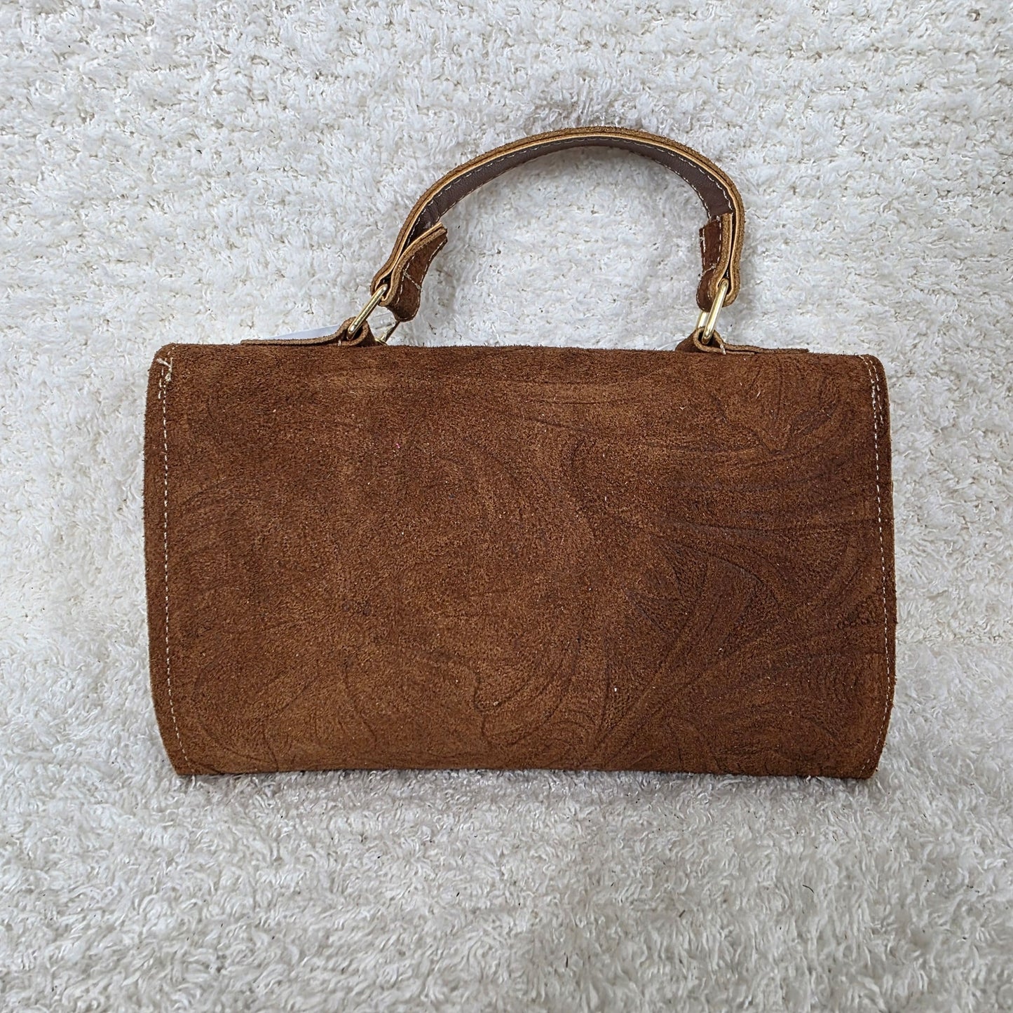 Handcrafted Embossed Floral Design Terracotta Brown Suede Leather Crossbody Bag