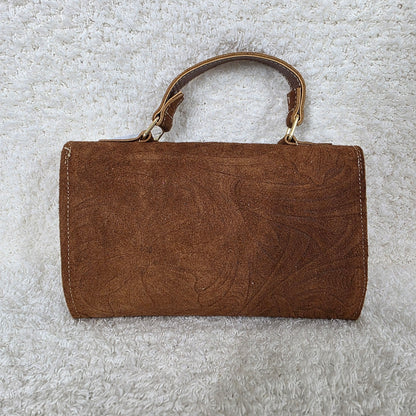 Handcrafted Embossed Floral Design Terracotta Brown Suede Leather Crossbody Bag