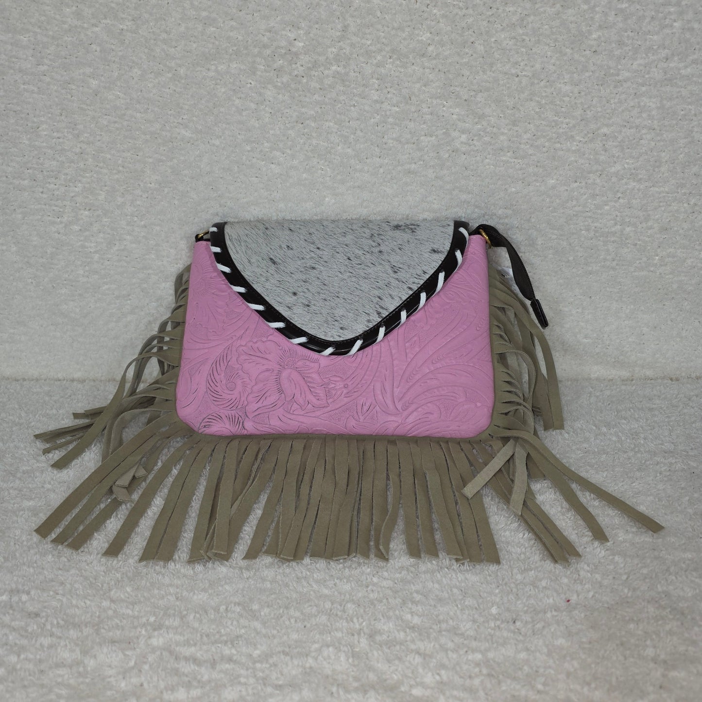 Handcrafted Pink Floral Embossed Vegan Leather & Cowhide Hair-On Fringe Crossbody Bag