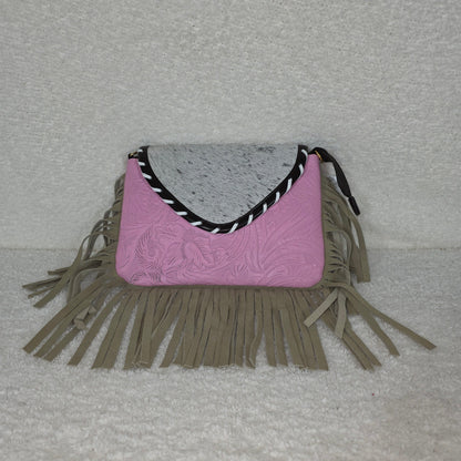 Pink Floral Embossed Vegan Leather & Cowhide Hair-On Fringe Crossbody Bag — Handmade in Mexico