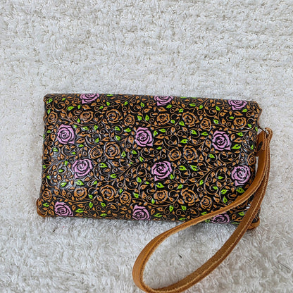 Mexican Hand-Tooled Leather Roses Black and Honey Brown Clutch Wristlet Bag