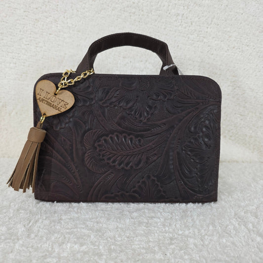 Chocolate Brown Floral Embossed Leather & Vegan Leather Crossbody Bag