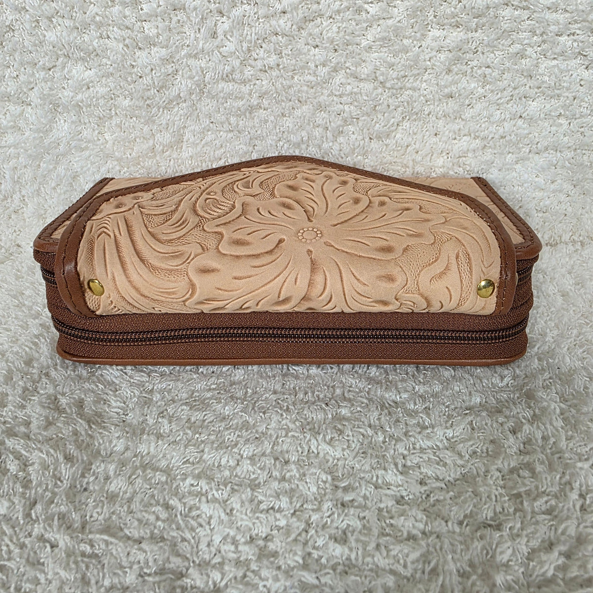 Light Peach Floral Embossed Leather Convertible Wallet Crossbody with Brown Trim