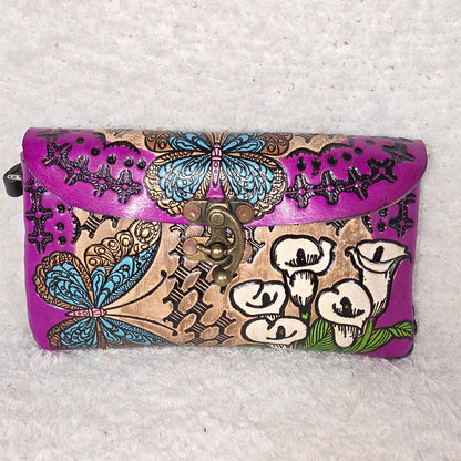 Tan Hand-Tooled Vaqueta Leather Butterflies & Alcatraz Calla Lily Wristlet — León, Mexico