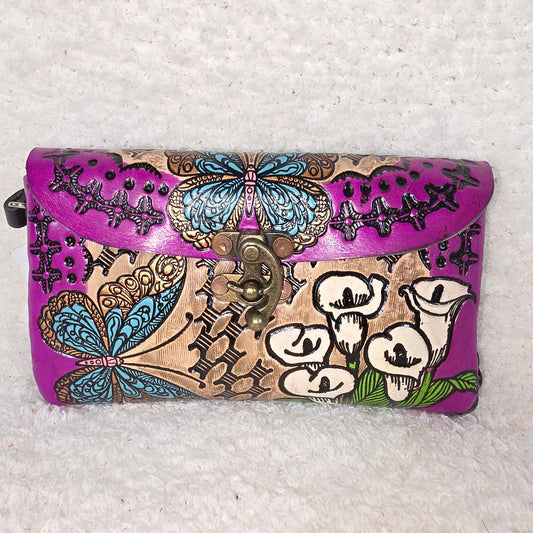 Tan Hand-Tooled Vaqueta Leather Butterflies & Alcatraz Calla Lily Wristlet — León, Mexico