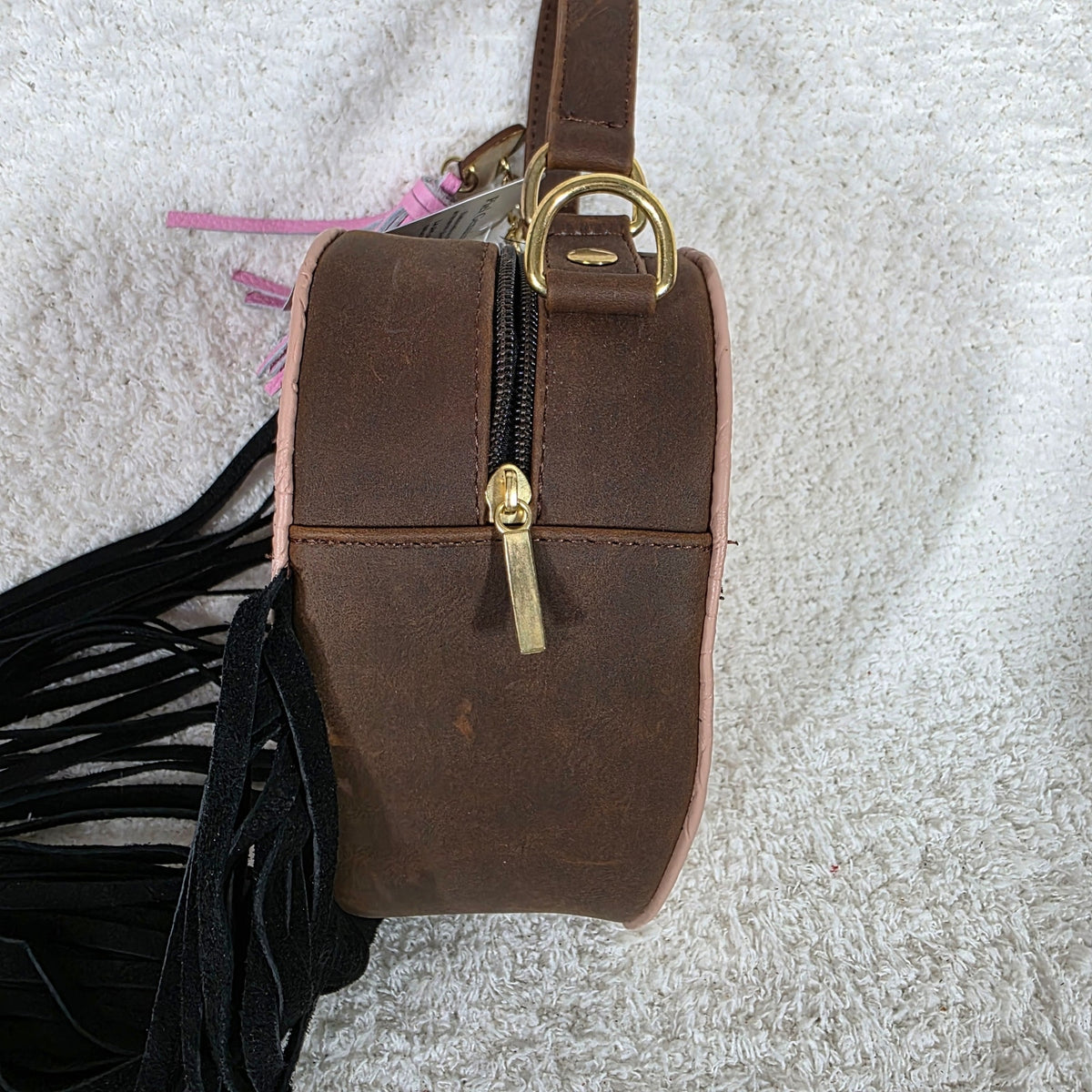 Mexican Tooled Pink Embroidered Leather Heart-Shaped with Fringe Crossbody Bag