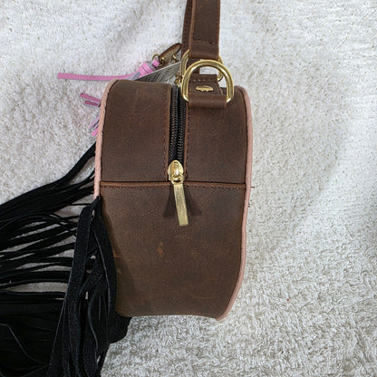 Mexican Tooled Pink Embroidered Leather Heart-Shaped with Fringe Crossbody Bag