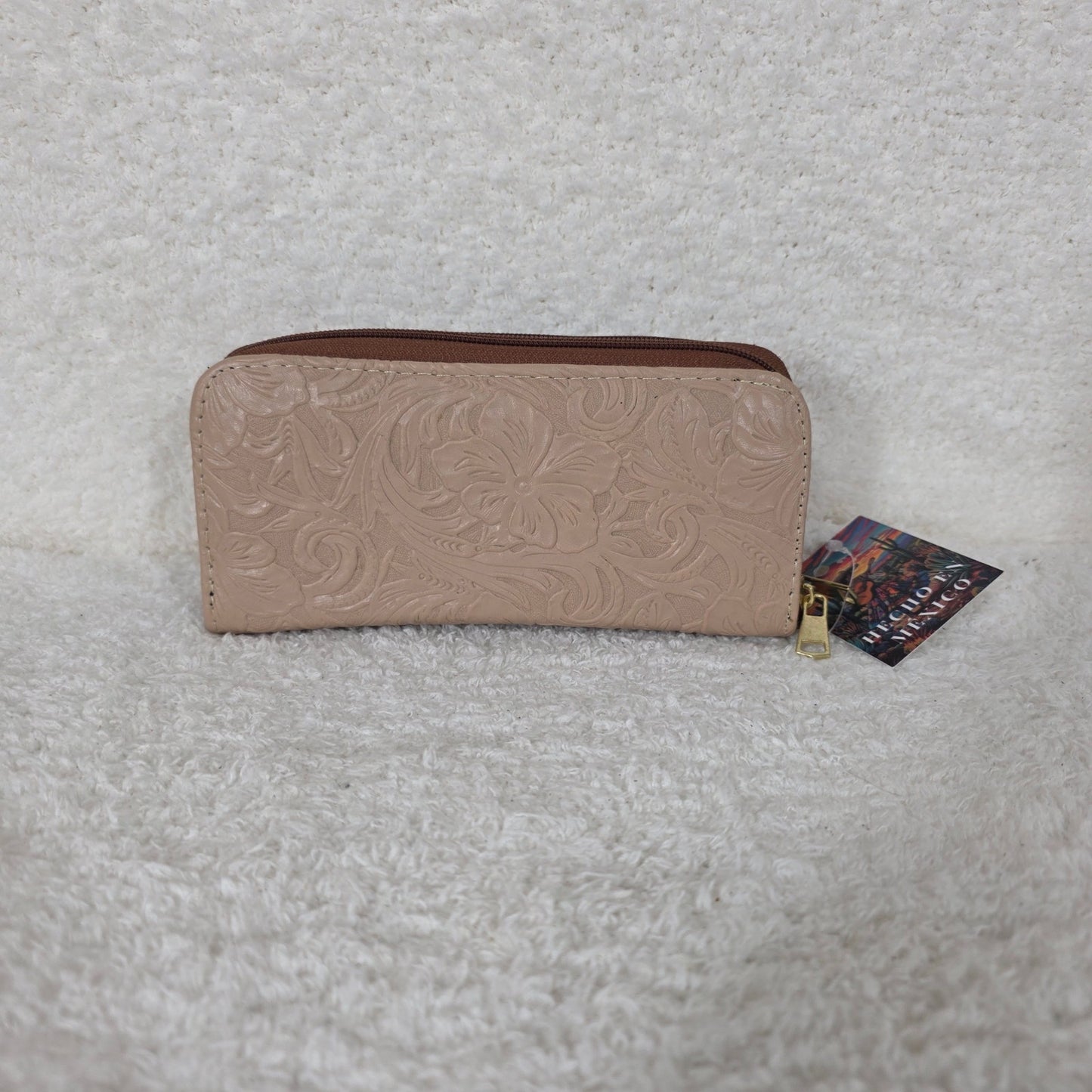 Mocha Floral Embossed & Chiapas Loom Leather Double Zip Wallet
