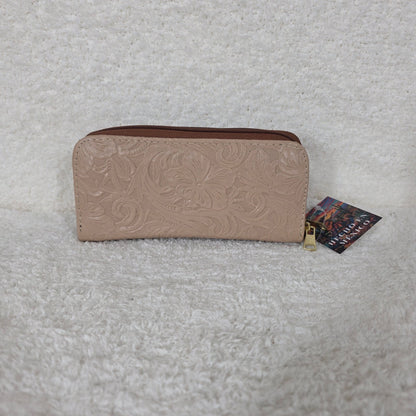Mocha Floral Embossed & Chiapas Loom Leather Double Zip Wallet