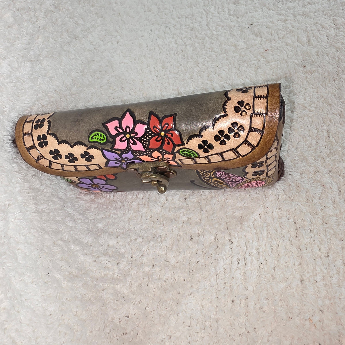 Mexican Hand-Tooled Leather Butterflies & Flowers Olive Green Clutch Wristlet Bag