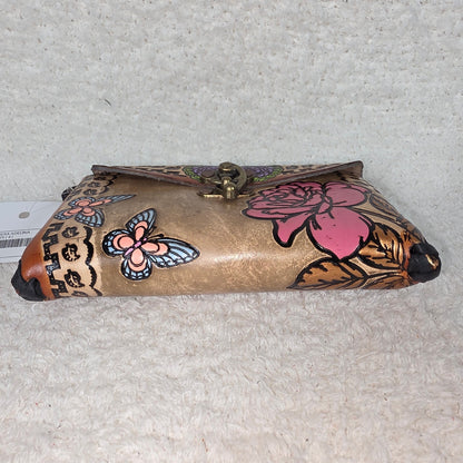 Mexican Hand-Tooled Leather Butterflies and Roses Brown Wristlet Clutch Bag