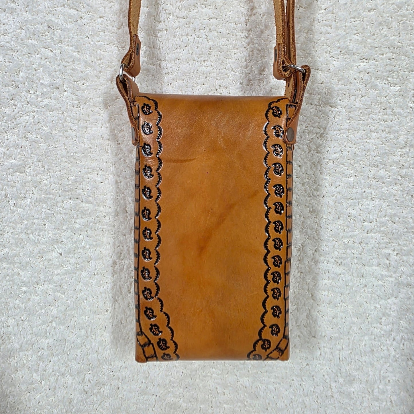 Honey Brown Hand Painted Floral Embossed Leather Cell Phone Bag Made in Mexico
