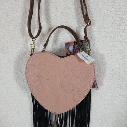 Mexican Tooled Pink Embroidered Leather Heart-Shaped with Fringe Crossbody Bag