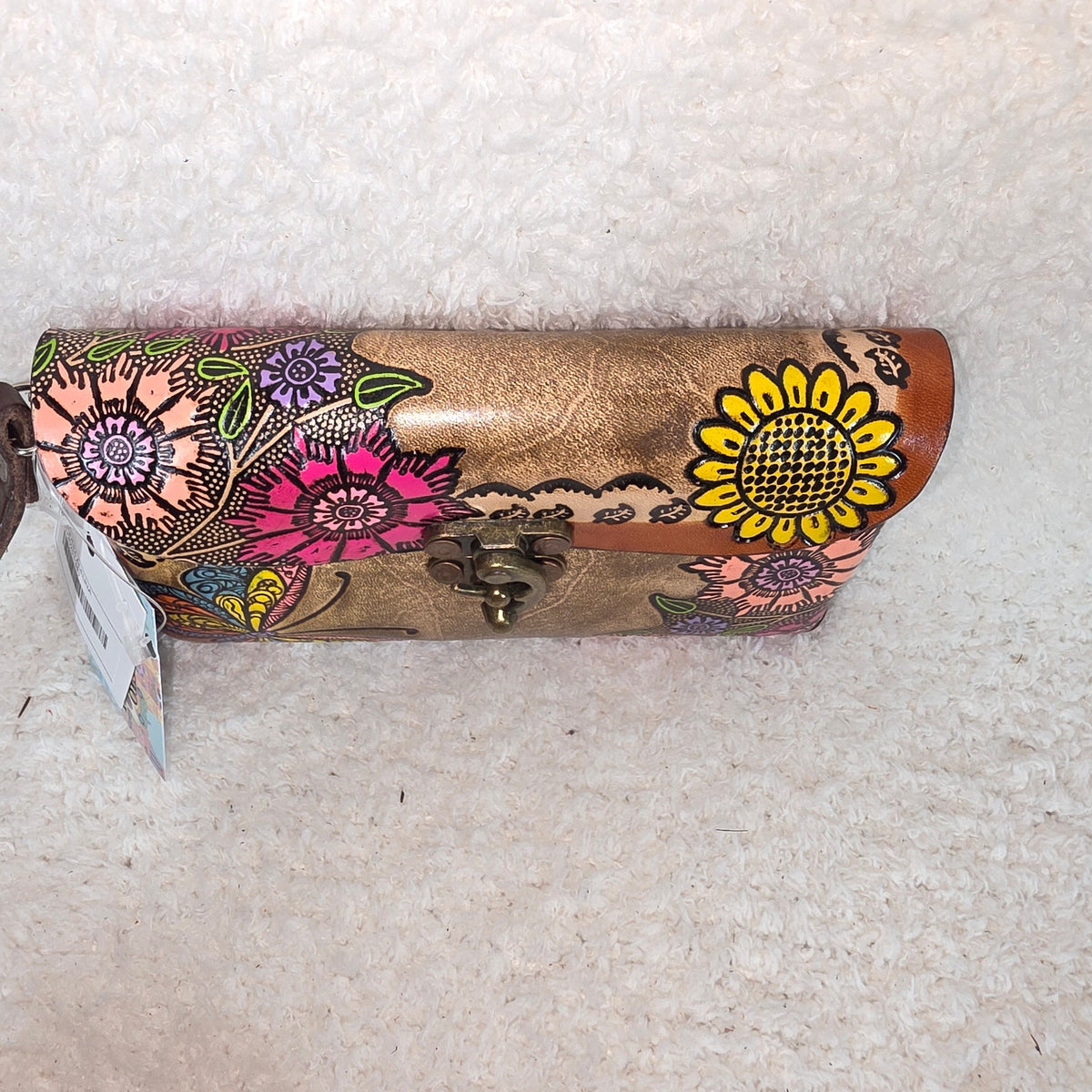 Mexican Hand-Tooled Leather Butterflies & Flowers Tan Wristlet Clutch Bag