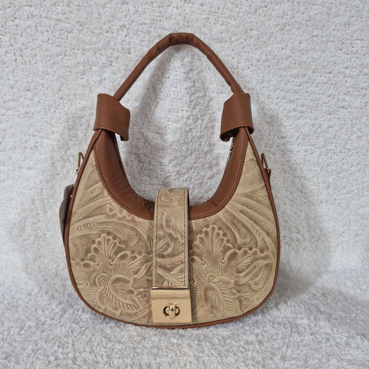 Crescent Shaped Light Beige Floral Tooled Leather Bag