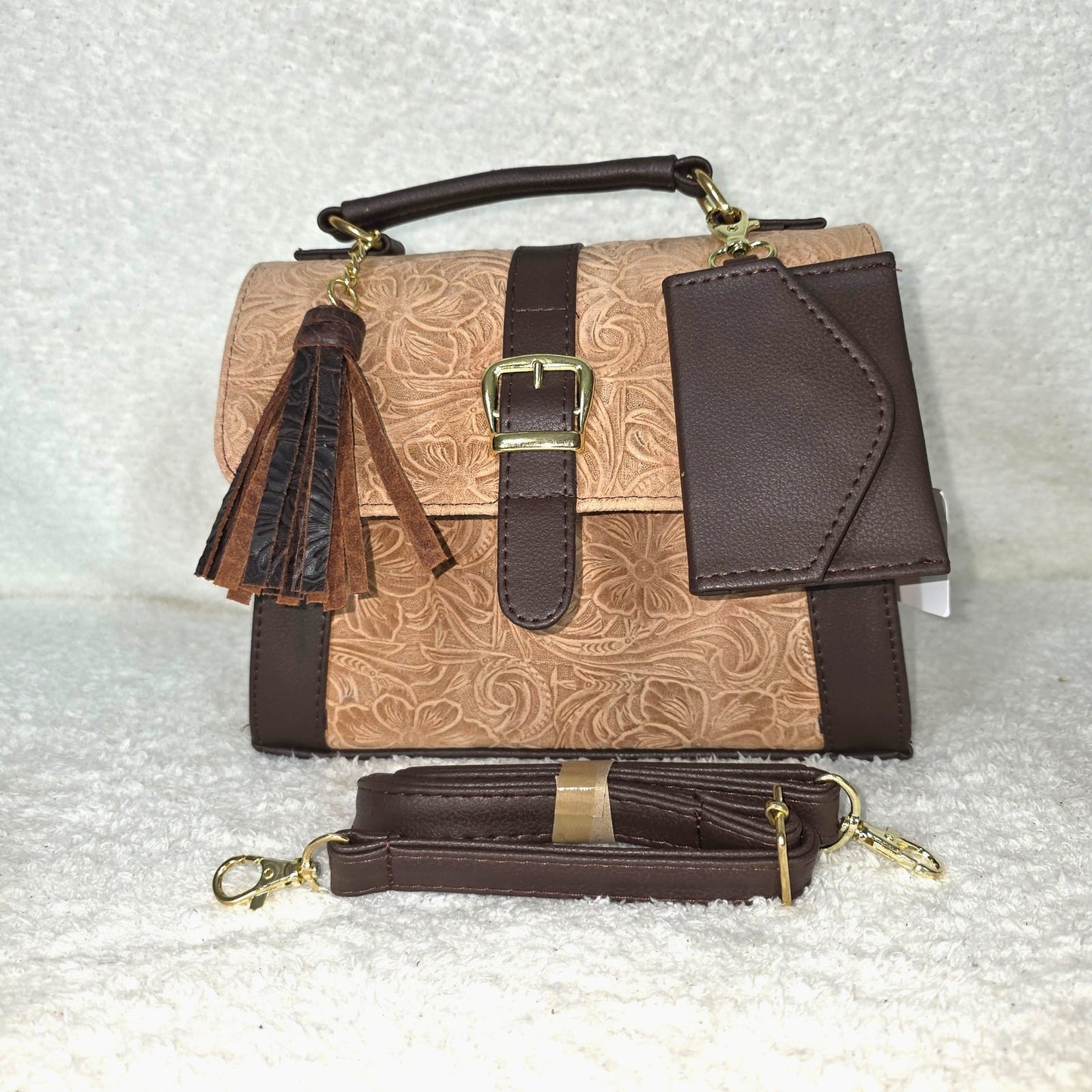 Handcrafted Mexican Floral Embossed Pinkish Tan Genuine Leather Top-Handle Bag