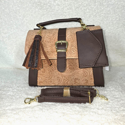 Handcrafted Mexican Floral Embossed Pinkish Tan Genuine Leather Top-Handle Bag