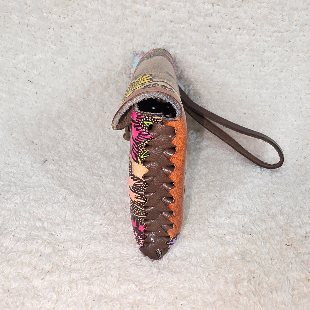 Mexican Hand-Tooled Leather Butterflies & Flowers Tan Wristlet Clutch Bag