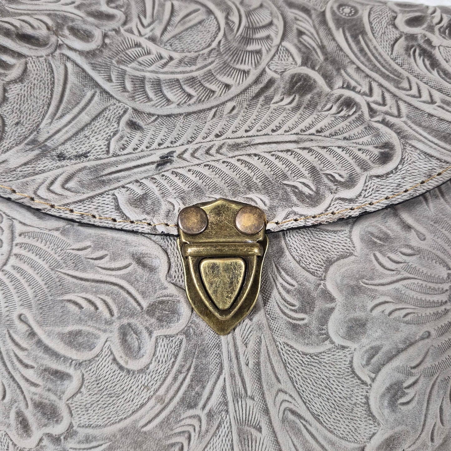 Hand-Tooled Gray Genuine Leather Saddle Bag with Brown Whipstitching