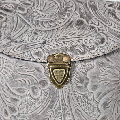Hand-Tooled Gray Genuine Leather Saddle Bag with Brown Whipstitching