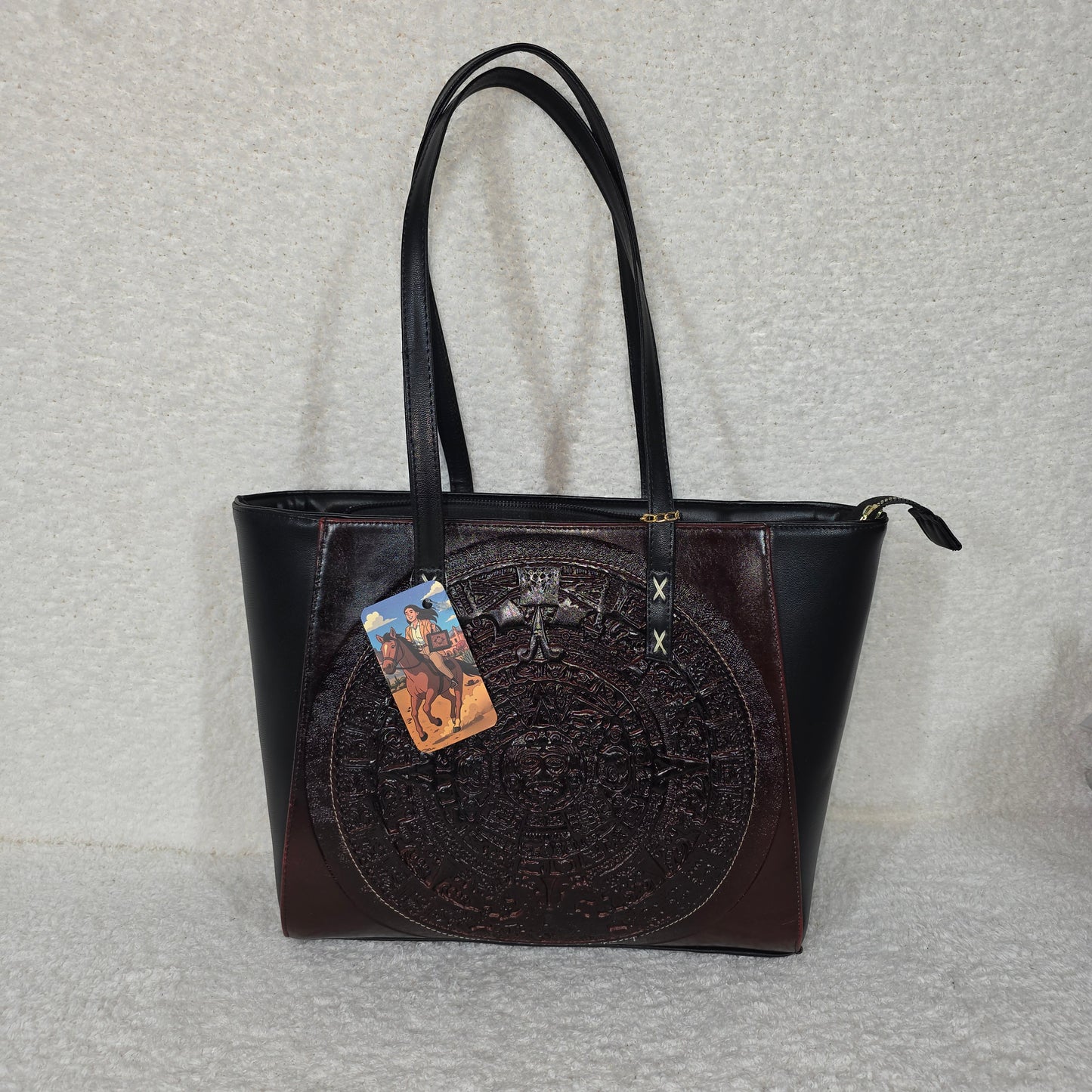 Handcrafted Mexican Aztec Calendar Embossed Vegan Leather Tote Bag