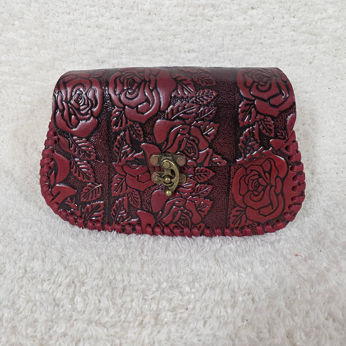 Red Hand-Tooled Roses Genuine Leather Crossbody Bag — Artisan Handcrafted in Mexico