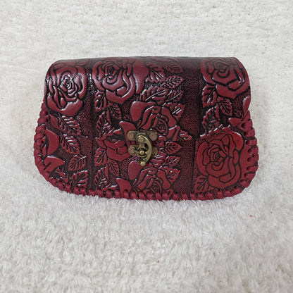 Red Hand-Tooled Roses Genuine Leather Crossbody Bag — Artisan Handcrafted in Mexico