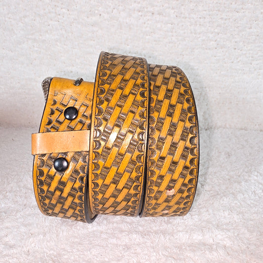 Yellow Hand-Tooled Basket Weave Cowhide Leather Belt — Handmade in México
